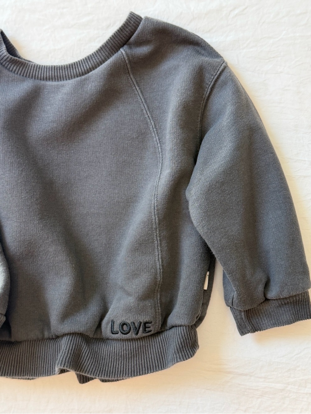 Easy Peasy Charcoal Gray “Love” Embroidered Crewneck 18M